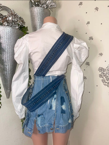 Upcycled Denim Pleaded Skirt with Suspenders