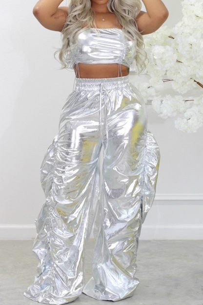 Metallic Parachute Cargo Pants Set